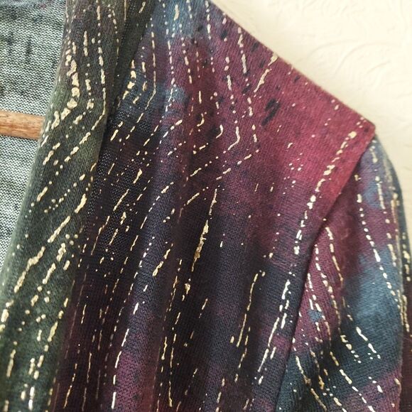 Women's Y2K Gold Textured Knit Open Front Cardigan Green Red Tie Dye Sz Medium - Picture 4 of 10